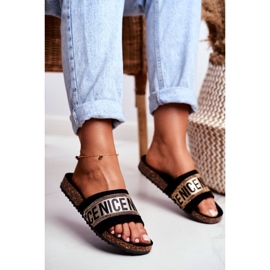 EVE Női fekete papucs a parafán BeNice arany strassz sárga 1