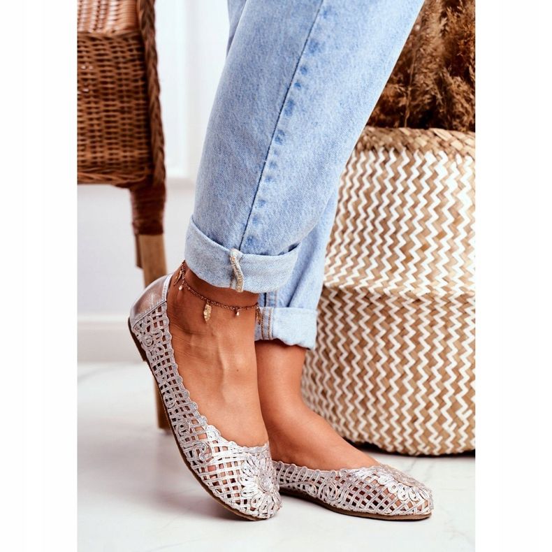 Lu Boo női balerinák ezüst áttört fonott hordtáska szürke 1