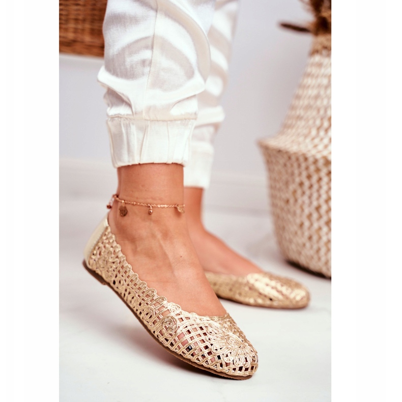 Lu Boo női balerinák arany áttört fonott hordozható aranysárga 2