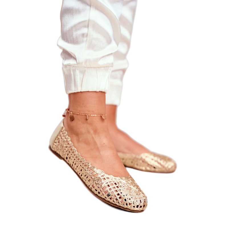 Lu Boo női balerinák arany áttört fonott hordozható aranysárga 2