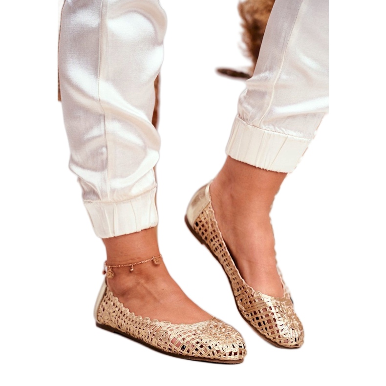 Lu Boo női balerinák arany áttört fonott hordozható aranysárga 1