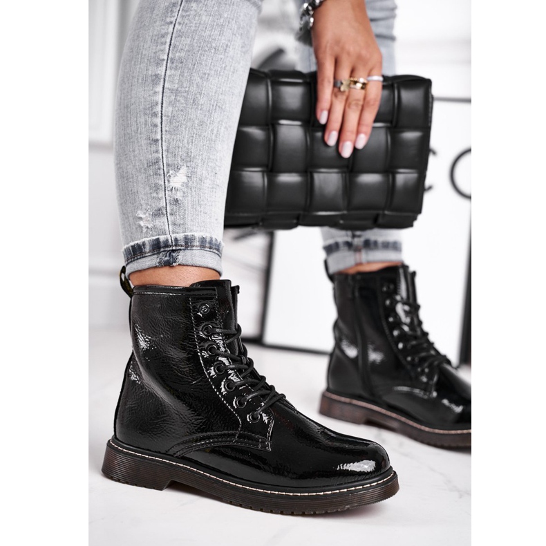 EVE Női Csizma Lakkozott Trappers Csizma Fekete Marita 1