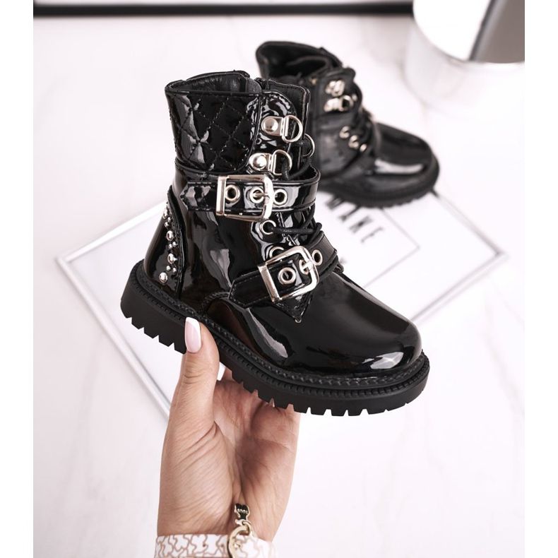 FRROCK Szőrmével felmelegített gyermekcsizma, lakkozott fekete Dolly 1