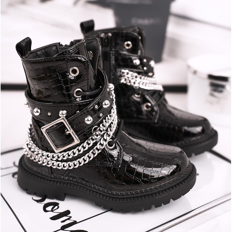 FRROCK Szőrmével felmelegített gyermekcsizma, lakkozott fekete Dolly 1