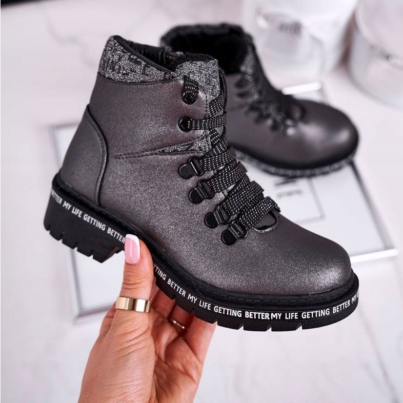 Gyermek ifjúsági csizma báránybőr szürke hópelyhekkel 2