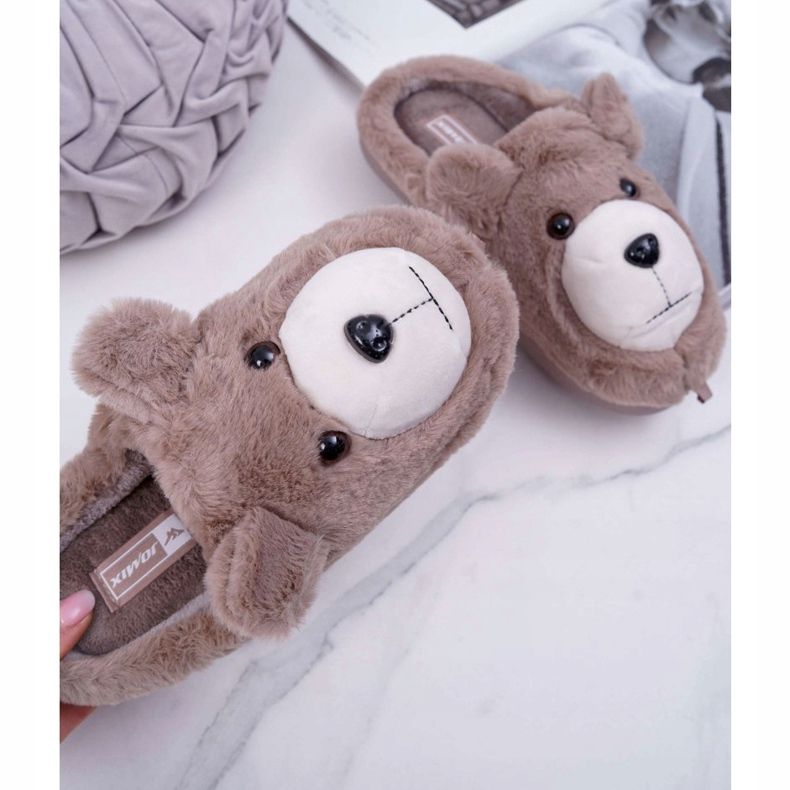 Női papucs szőrme barna medvével bézs 1