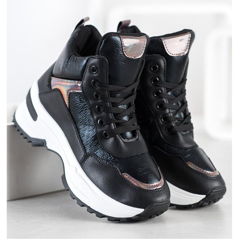 Ideal Shoes Magas cipő ekológikus bőrből fekete rózsaszín 1