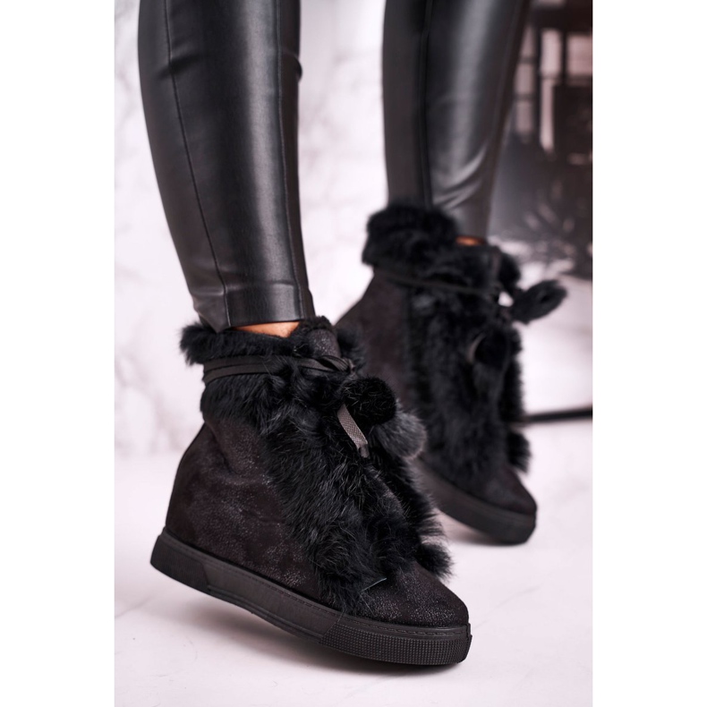 Női fekete ék cipők Fur Pretty Black ezüst 1