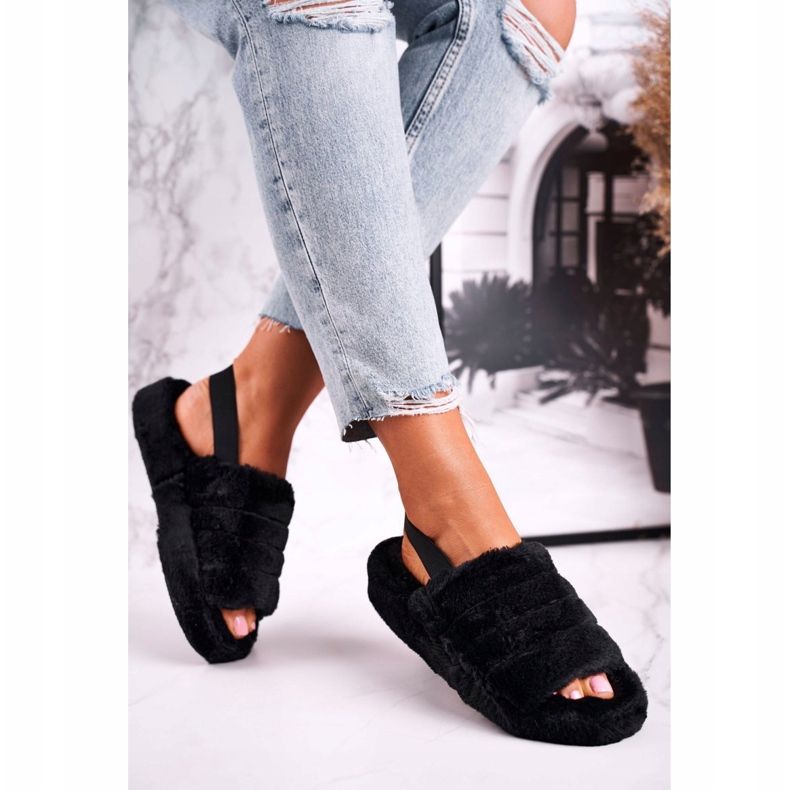 FJ1 Női papucs a szőrme platformon, fekete hópehely 2
