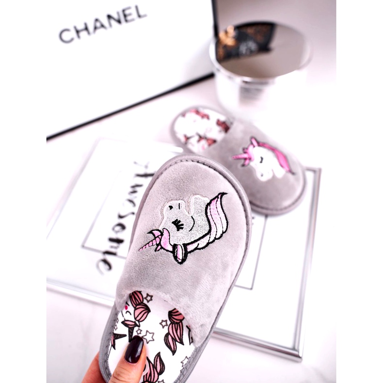 Gyermek szürke egyszarvú papucs egyszarvúval rózsaszín ezüst 2