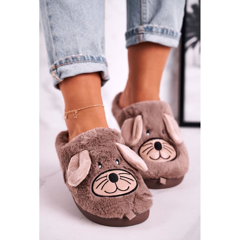 JOMIX Női bézs szőrme egerek papucs Otthon édes otthon barna 1