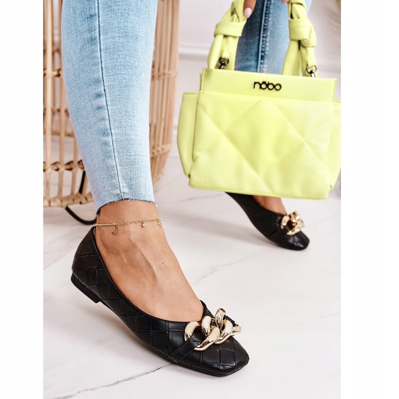 PS1 Elegáns fekete kókusz steppelt balerinák lánccal 2