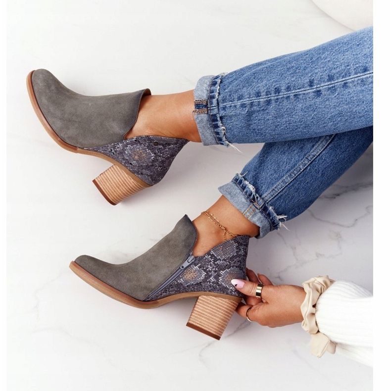 Női bőrcsizma sarkon Maciejka szürke 04492 bézs 2