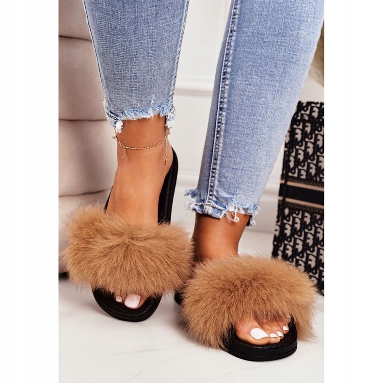 SEA Női papucs szőrme Camel Belmondo -val barna fekete 4