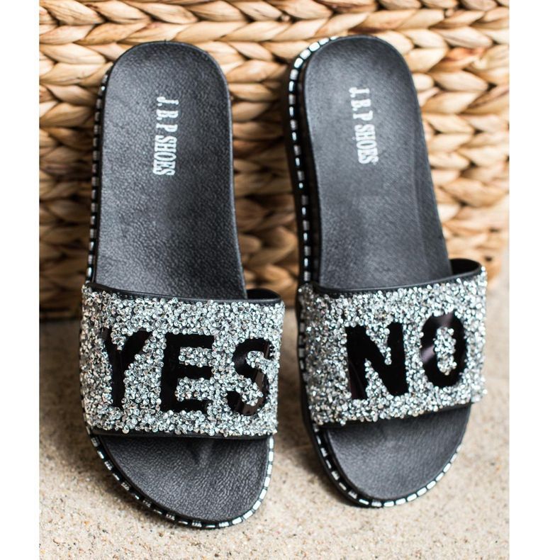 SHELOVET Divatos papucsok kristályokkal fekete ezüst 2