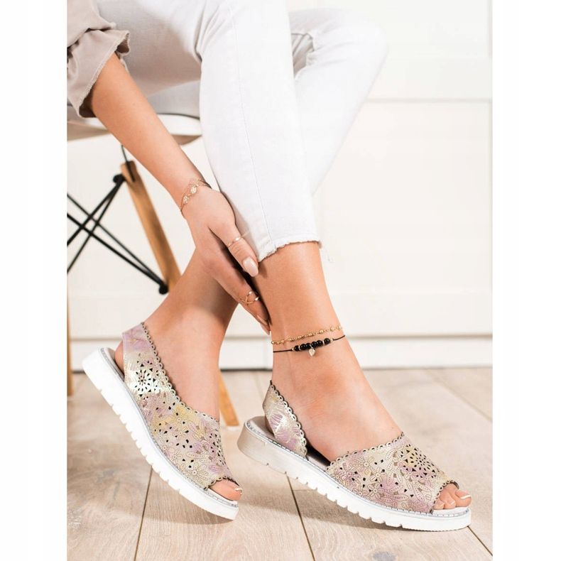 SHELOVET Kényelmes bőr szandál bézs rózsaszín aranysárga 1