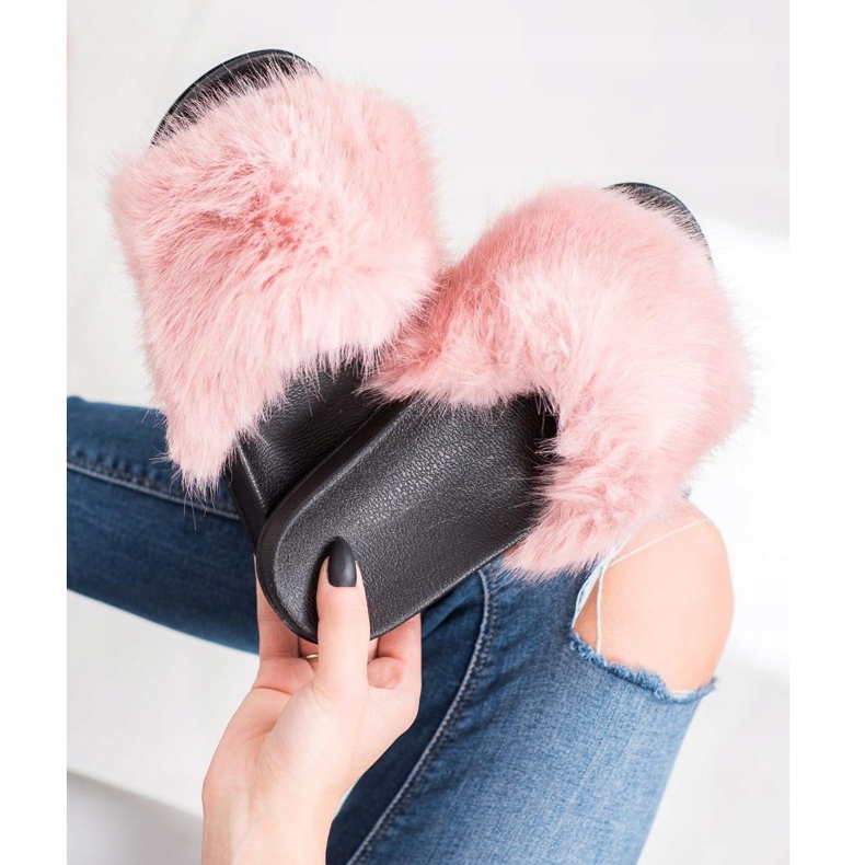 SHELOVET Kényelmes szőrme papucs rózsaszín 2