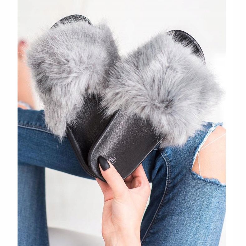 SHELOVET Kényelmes szőrme papucs szürke 2