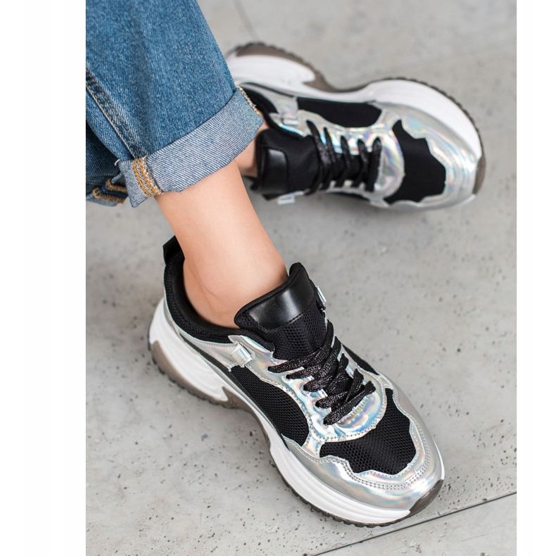 SHELOVET Divat cipők Holo effektussal fekete ezüst 1