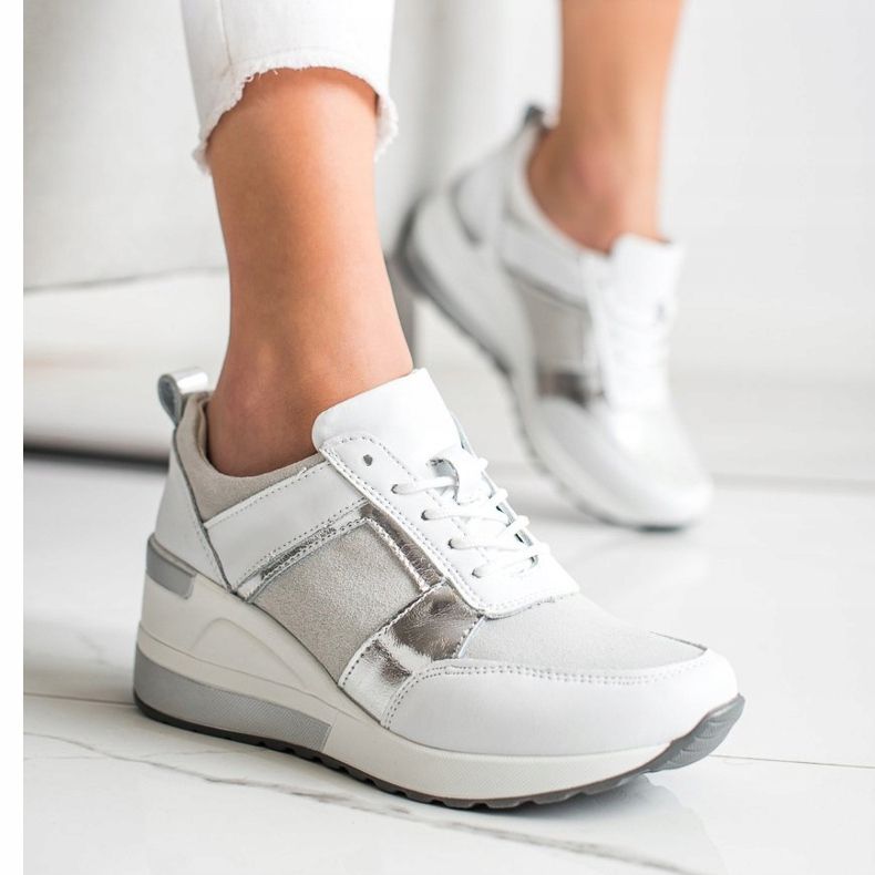 Bőr cipők VINCEZA csillogással fehér ezüst 2