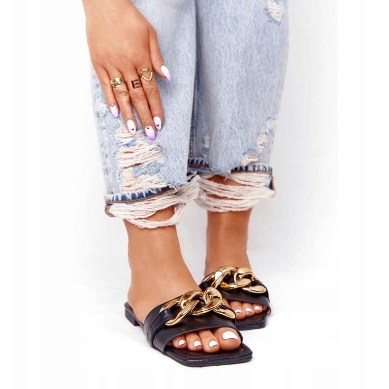 Bőr papucs lánccal fekete francia csók aranysárga 3