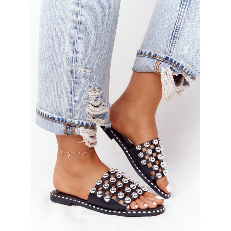 PS1 Áttört bőr papucs strasszokkal fekete Alana 2