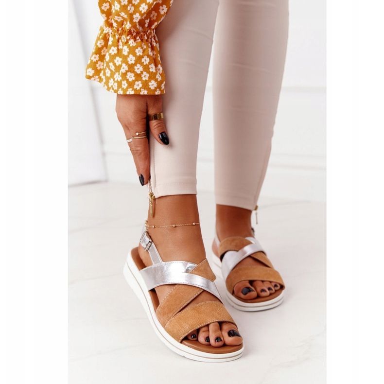 Velúr szandál Sergio Leone SK039 bézs és ezüst 2