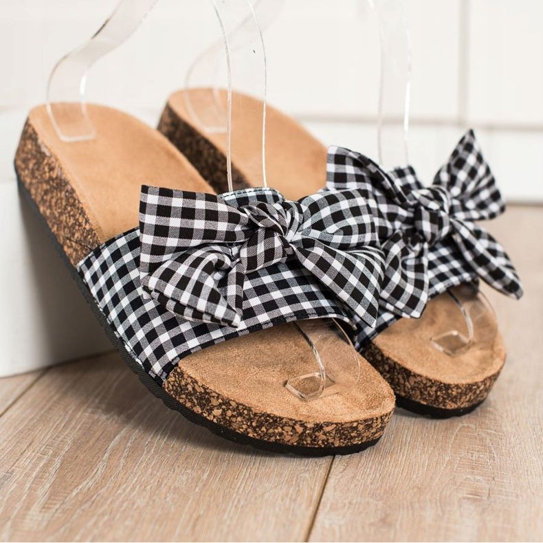 SHELOVET Divatos kockás papucs fehér fekete 2