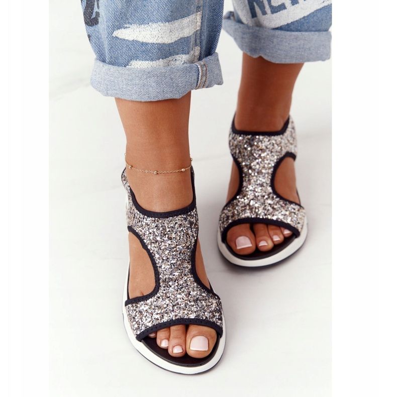 S.Barski Ezüst csúszós szandál Zoey Brocade-szal fekete 1