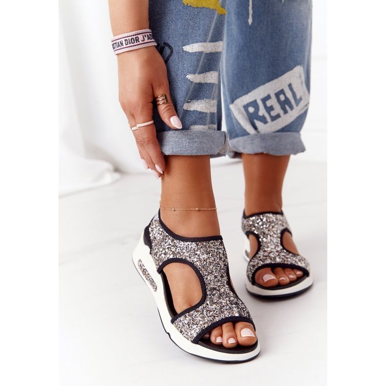 S.Barski Ezüst csúszós szandál Zoey Brocade-szal fekete 2