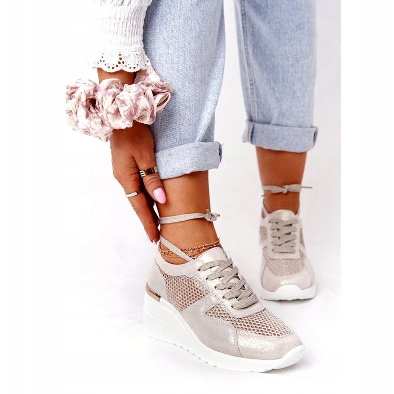 Bőr ék cipők hálóval S.Barski Golden bézs aranysárga 2