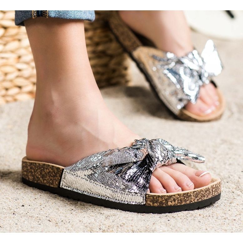 SHELOVET Fényes papucs masnival ezüst 1