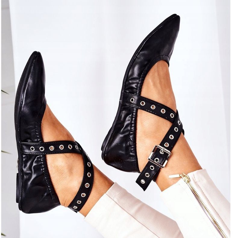 Hajtogatott bőr Lu Boo fekete balerinák 1