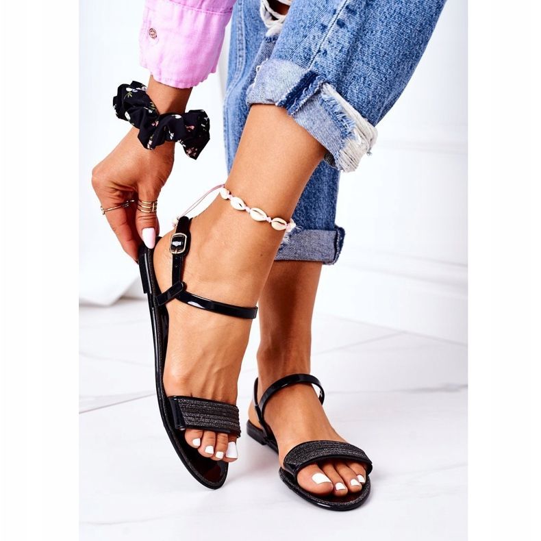 LU BOO Gumi szandál Fekete -tengerparti csillogással 2