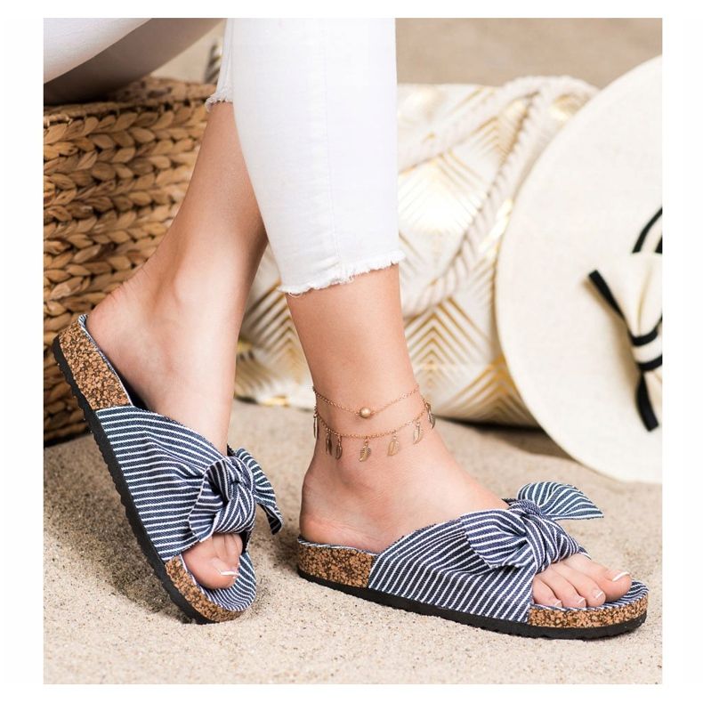 Bona Papucs csíkos masnival fehér kék 2 Bona Papucs csíkos masnival fehér kék 2