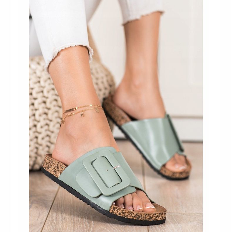 SHELOVET Öko bőr papucs csattal zöld 1