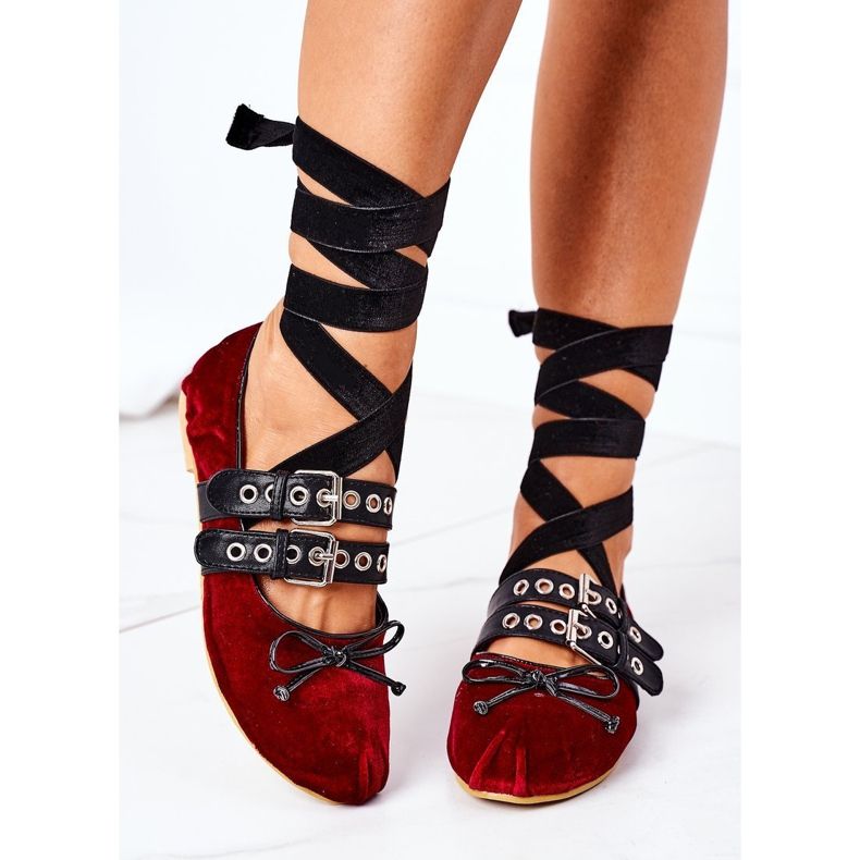 Fűzött velúr balerinák Lu Boo Burgundy piros 2