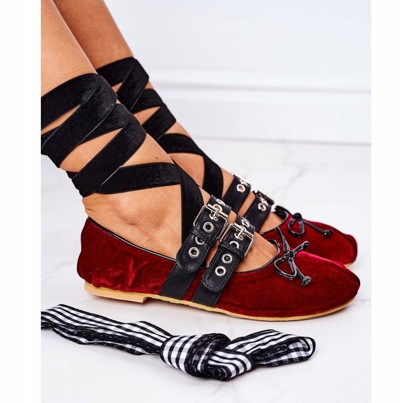 Fűzött velúr balerinák Lu Boo Burgundy piros 1