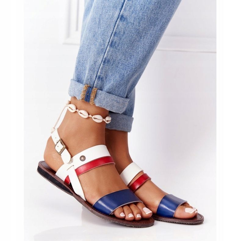 PE1 Női lapos szandál, sötétkék és fehér Doris barna 2