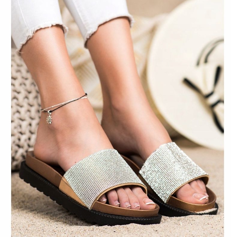 Kayla Kényelmes papucs köbös cirkónium -dioxiddal bézs aranysárga 2