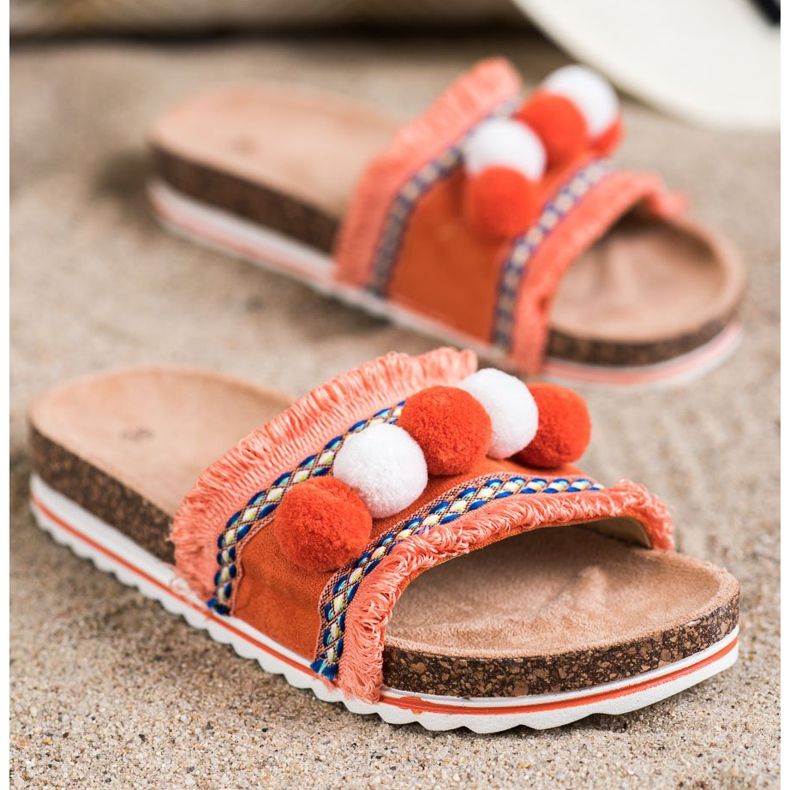 SHELOVET Divatos papucs pomponokkal narancssárga 1