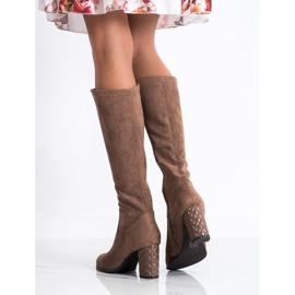 SHELOVET Velúr magas sarkú csizma barna 1