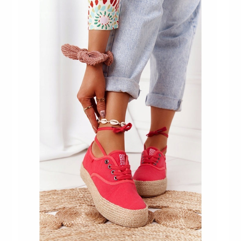 Fűzött espadrilles fonott platformon Big Star FF274141 Red piros 1