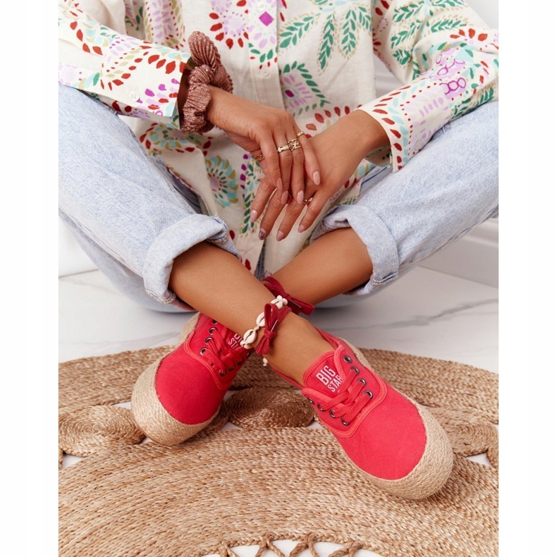 Fűzött espadrilles fonott platformon Big Star FF274141 Red piros 3