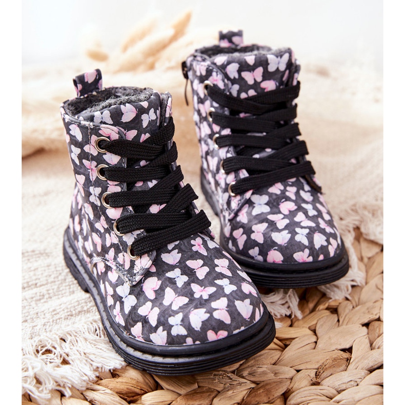 PE1 Szürke gyapjúval melegített bőrcsizma Amy pillangókkal 1