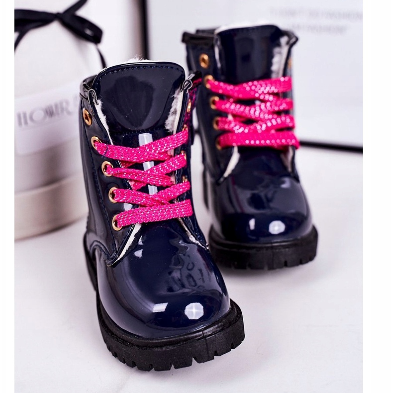 Szőrmével felmelegített gyermekcsizma, lakkozott Navy Pinkie sötétkék 3