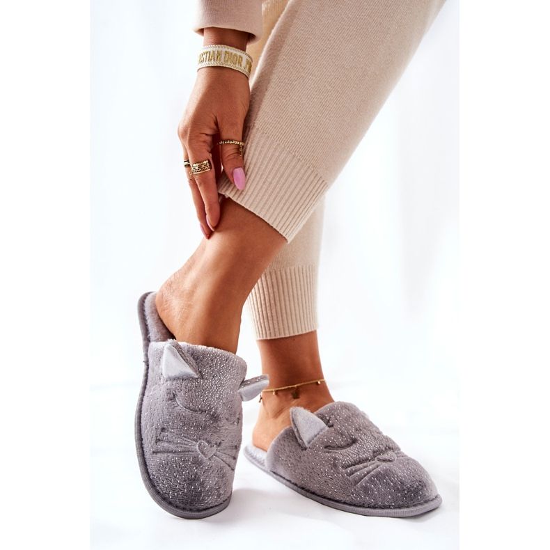 PE1 Fényes cicapapucs szürke Kaisy fülekkel ezüst 2