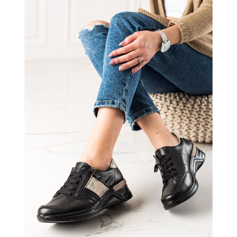 Evento Bőr tornacipő dekoratív cipzárral bézs fekete 2