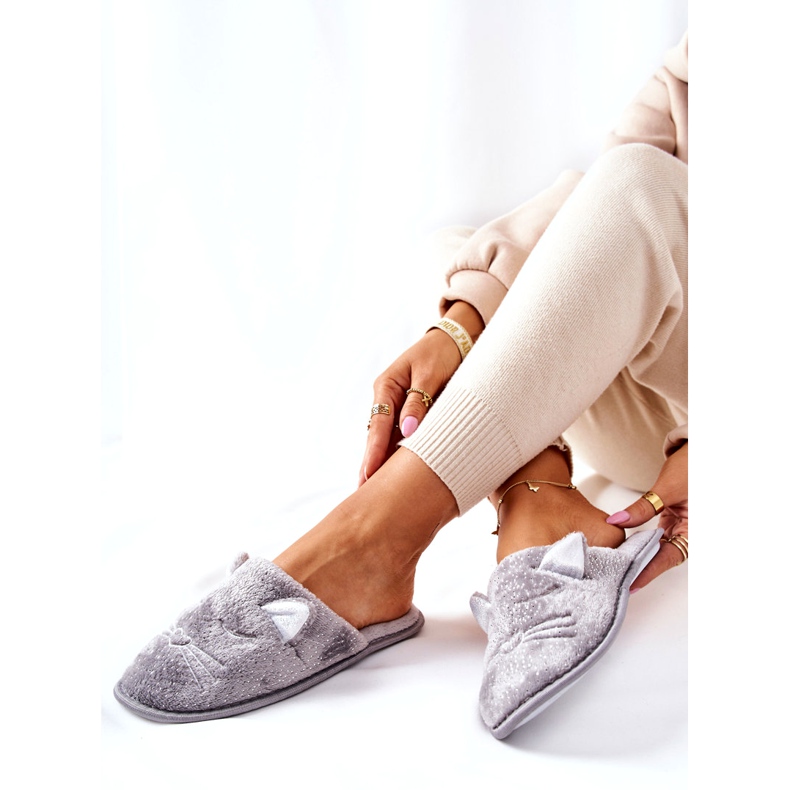 PE1 Fényes cicapapucs szürke Kaisy fülekkel 4