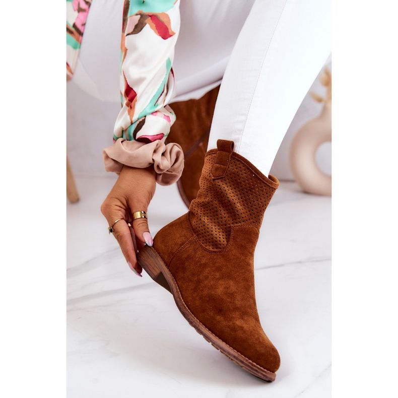 S.Barski Velúr női áttört csizma Camel Lemar barna 1